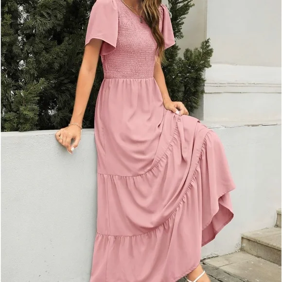 chinese dress ladies Kranda Round Neck Puff Long Sleeve Smocked Ruffle Floral Maxi Dress Brown S  at Amazon Women's Clothing store main image 0